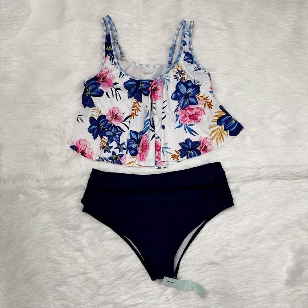 NWT Dressfo Floral Navy Blue Two Piece Swimsuit, Size (14) XXXL